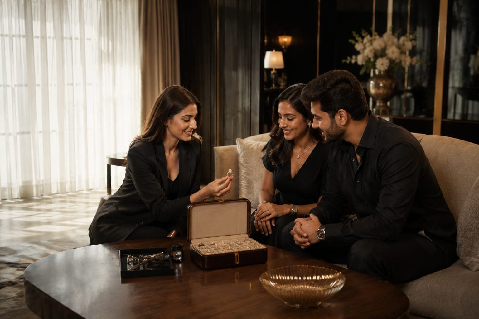 A consultant showing designs to a couple at home