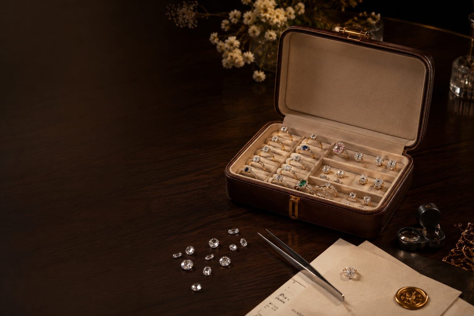 A tray of solitaire rings and loose certified diamonds